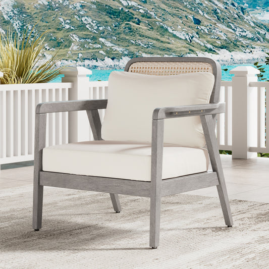 Outdoor Acacia Wood Patio Club Chair, Patio Furniture,Waterproof Thick Cushion Deep Seating For Porch, Garden, Backyard, Balcony, Weight Capacity 400lbs, Light Gray Finish, Cream Cushion