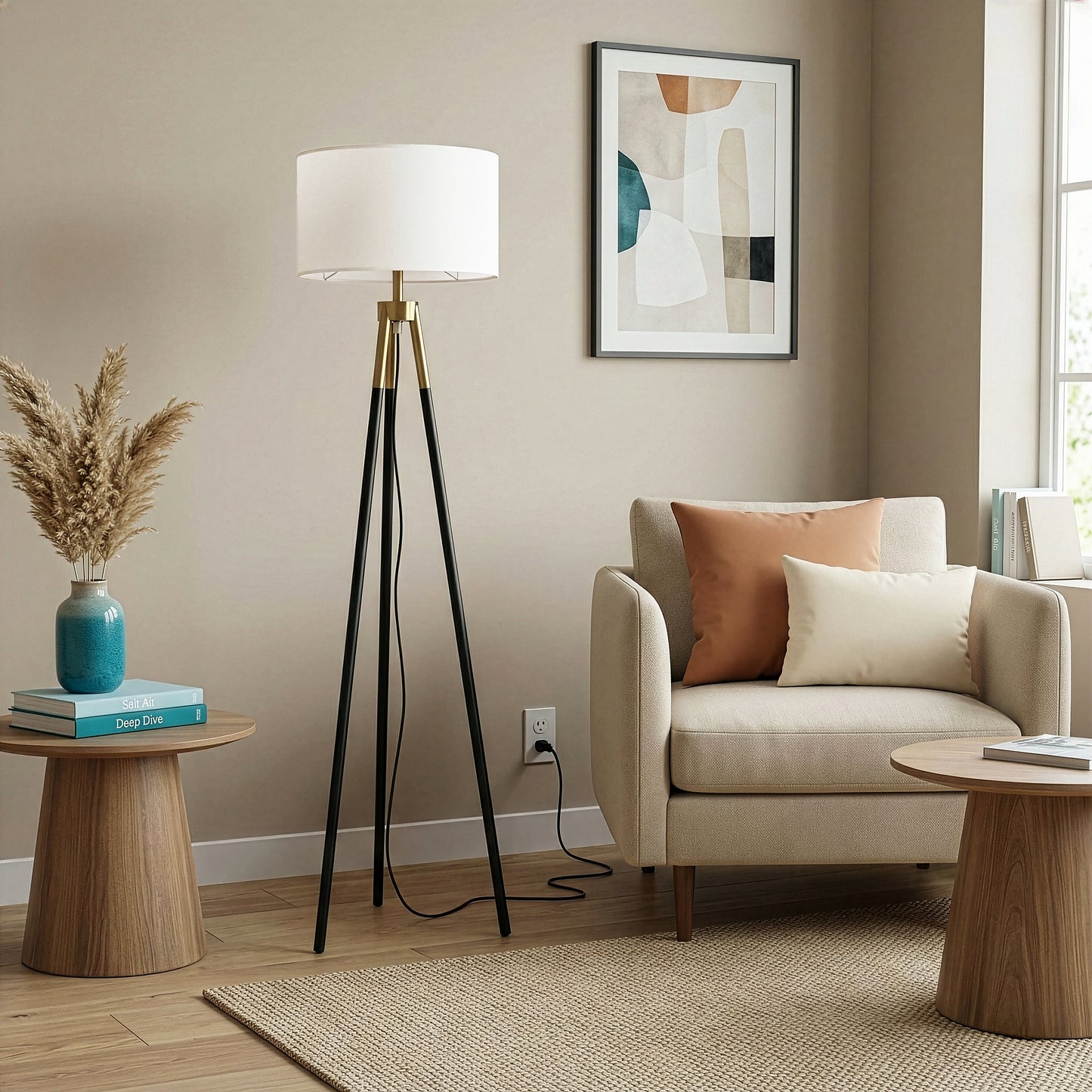 Sway Brassed Gold Floor Lamp With On Off  Triple Legs White Fabric Shade