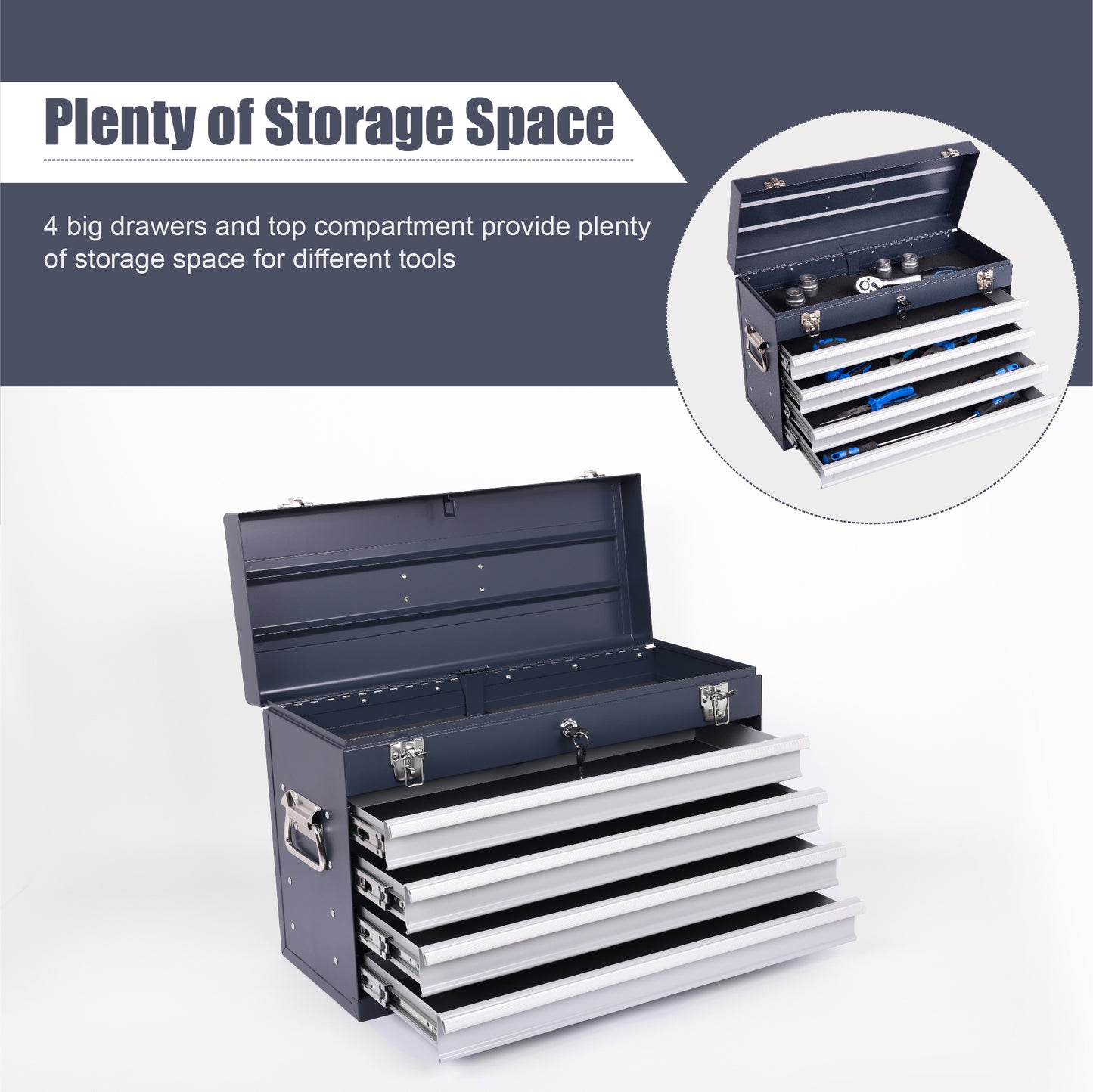 Heavy Duty Metal Tool Box, 21-inch, Portable Metal Tool Box With 4 Drawers, Small Tool Chest With EVA Liners, Ball Bearing Slide Drawers Locking & Powder Coated Finish, Multi-Function Tool Organizer