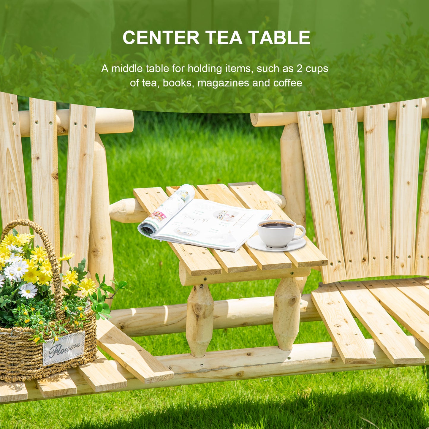 2-Seat Wooden Adirondack Chair, Patio Bench With Table, Outdoor Loveseat Fire Pit Chair For Porch, Backyard, Deck, Natural