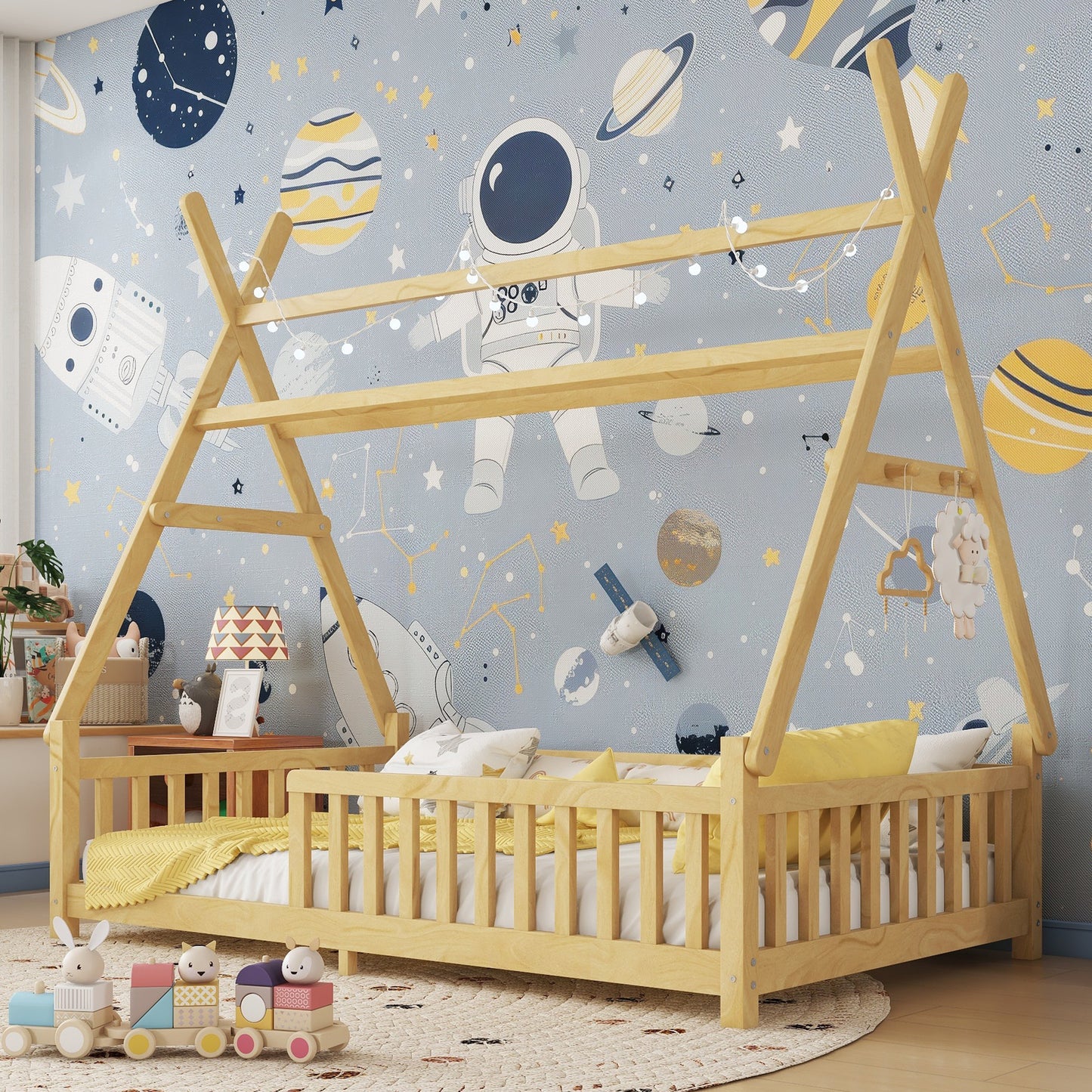 Twin House Bed With Light, Low Floor House Bed With Fence And Roof For Kids Boys Girls,NaturalExpect Arrive Date 2026 4 2   Old SKU W2593P296911