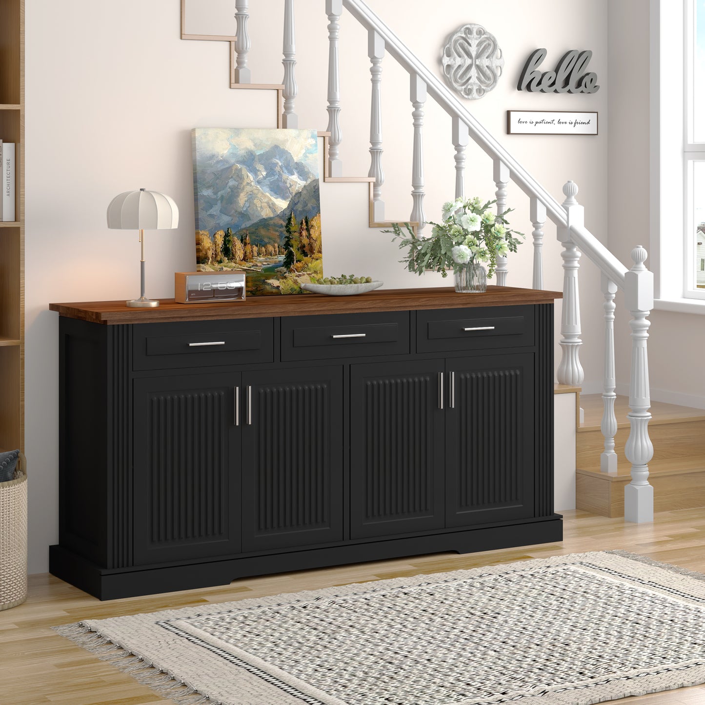 63  Fluted Sideboard Buffet Cabinet With Storage, Modern Coffee Bar Station With 4 Doors And 3 Drawers, Wood Kitchen Storage Console Table For Living Room Dining Room Entryway, Black