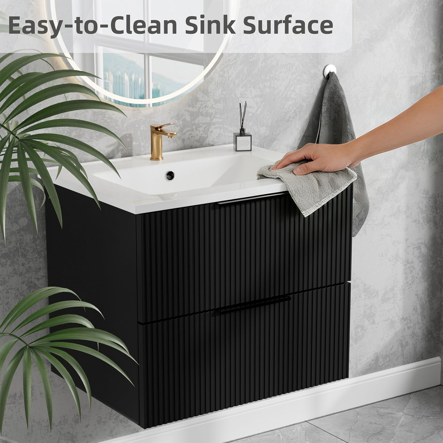 24 Inch Bathroom Vanity Cabinet With Ceramic Sink - Black Wall Mounted Floating Fluted Vanity With Drawers  Modern