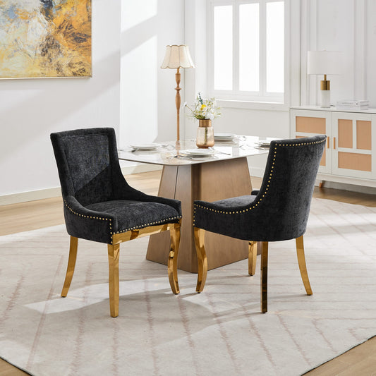 Chenille Dining Chairs, Modern Style With Curved Gold - Plated Legs & Rivet Trim, Upholstered Comfort For Dining Lounge, Accent Seating With Textured Fabric & One - Piece Structure, Black,Set Of 2