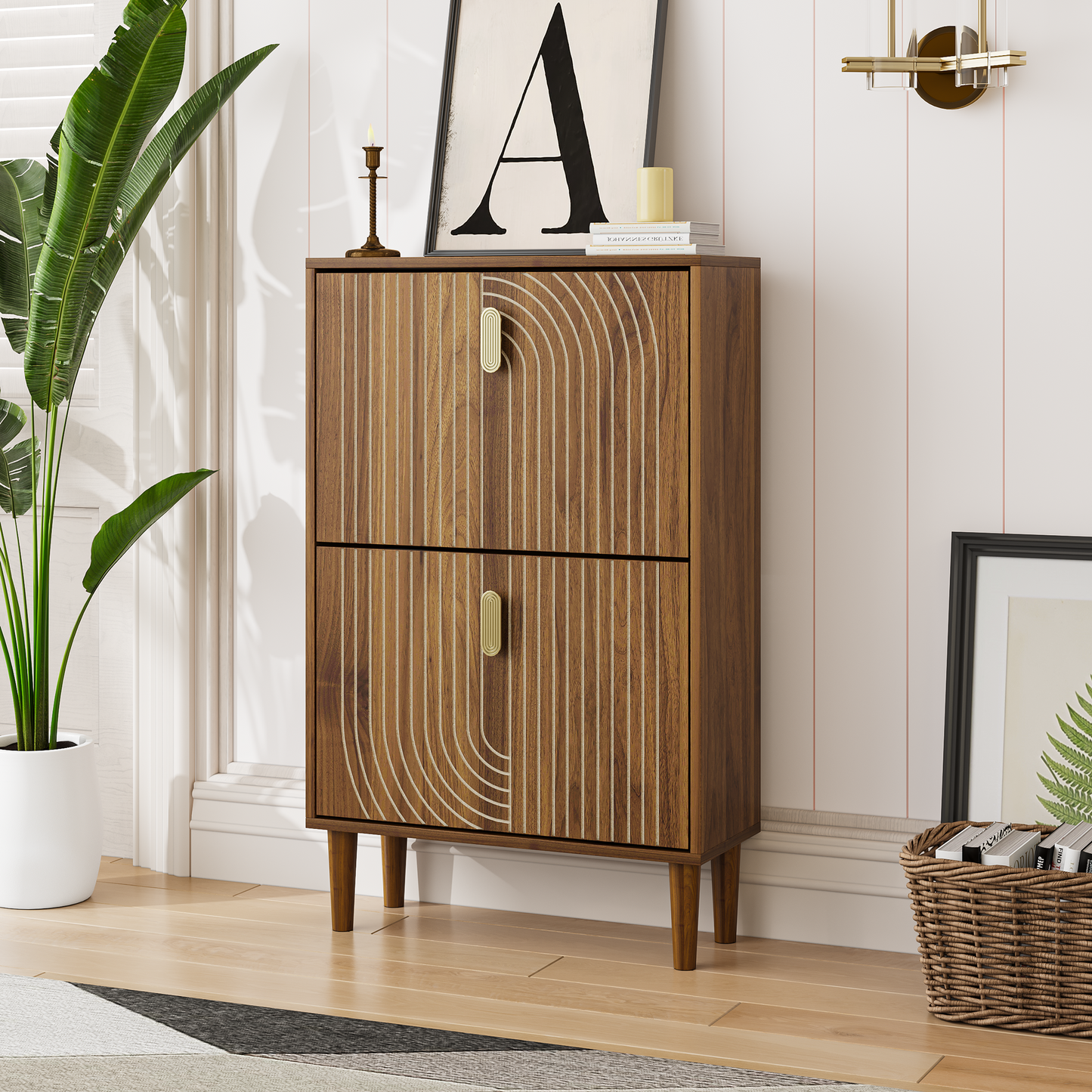Shoe Storage Cabinet With 2 Flip Drawers,Free Standing Shoe  Cabinet With Metal Handles For Entryway,Shoe Rack Cabinet With Line Groove Design,23.6 W