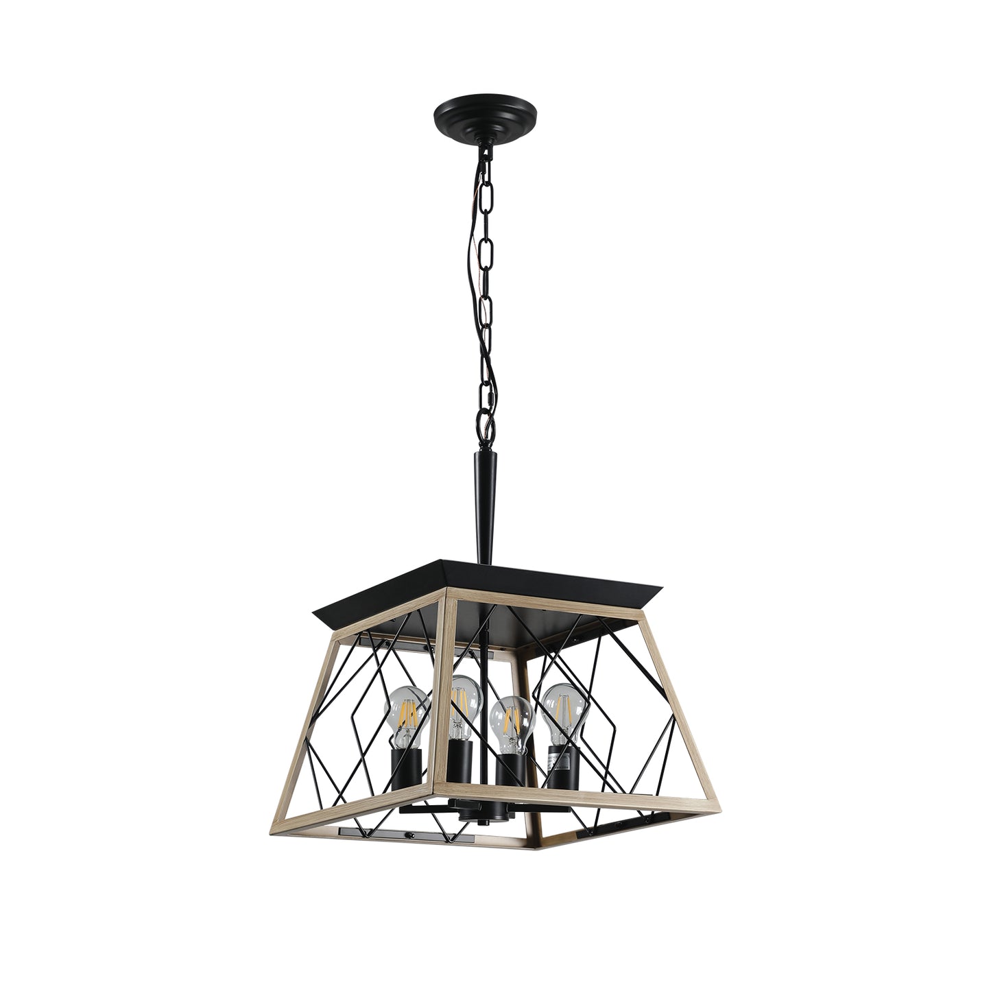16in  Oak Industrial 4-Light Pendant Chandelier, Modern Metal Cage Design, Adjustable Hanging Light For Dining Room, Kitchen, Living Room -No Bulbs