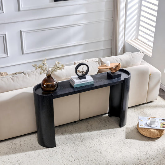 Black Curved Foyer Table - Black Wood Grain Minimalist Entrance Small Space Living Room Sofa Side Table