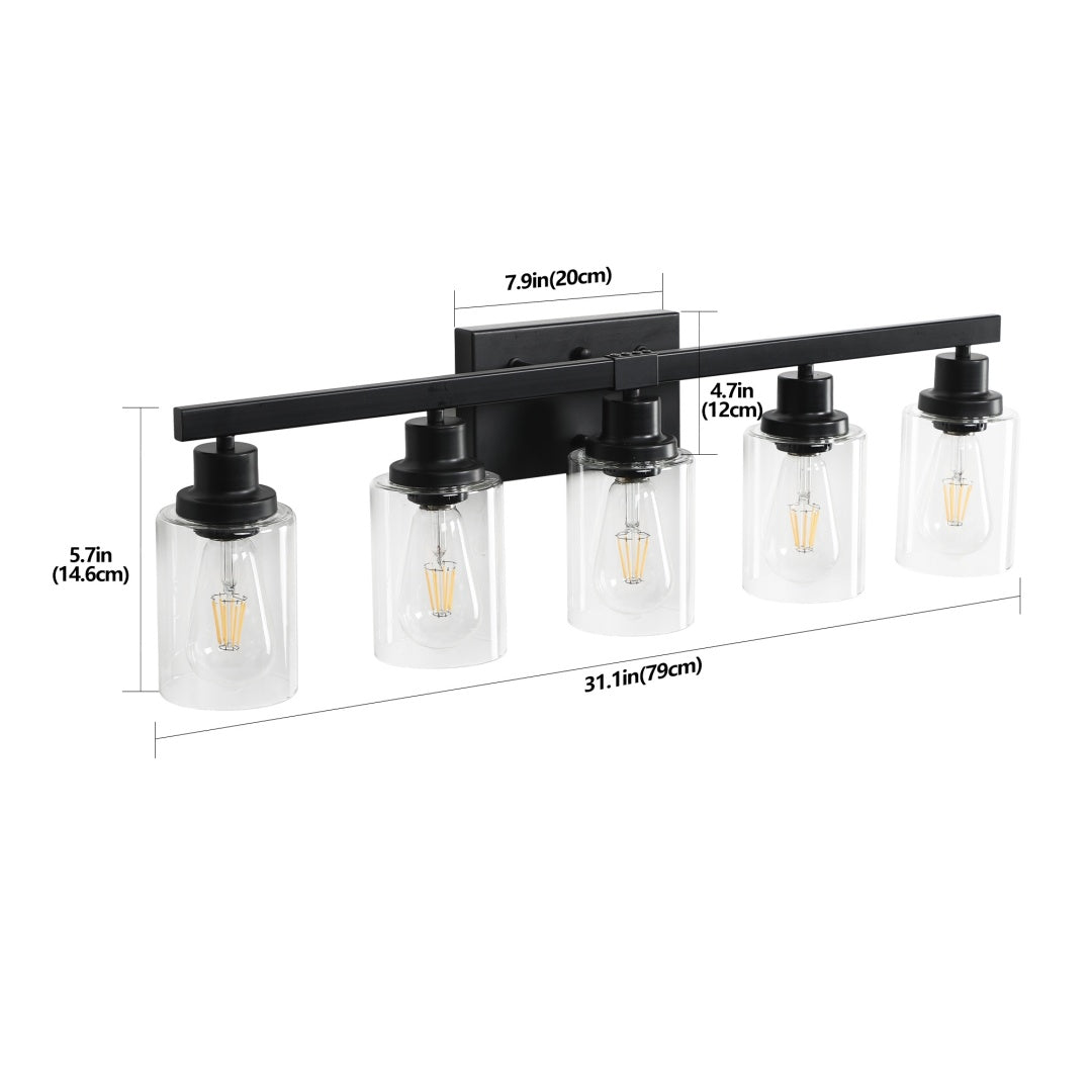 31  Modern Black 5-Light Bathroom Vanity Light Fixture, Industrial Wall Sconce With Clear Glass Shades For Mirror, Bathroom, Bedroom, And Hallway --No Bulbs
