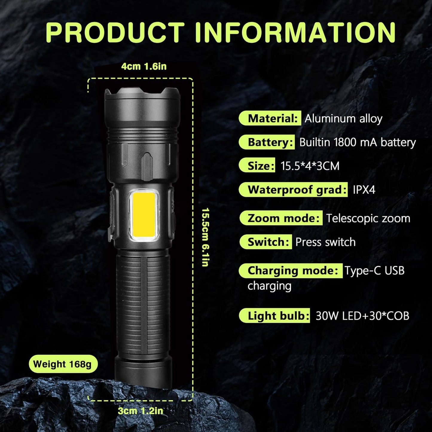 LED Rechargeable Torch 10,000 Lumens, Very Bright Flashlight, Flashlight, USB, 4 Light Modes, Zoomable, IPX4 Waterproof For Camping