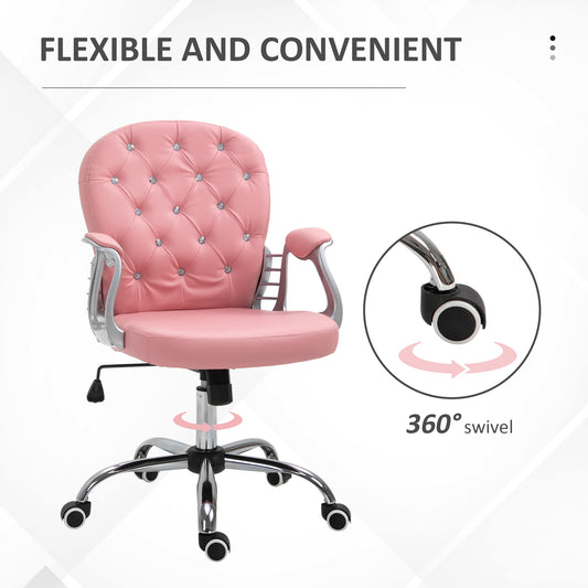 PU Leather Home Office Chair, Button Tufted Desk Chair With Padded Armrests, Adjustable Height And Swivel Wheels, Pink