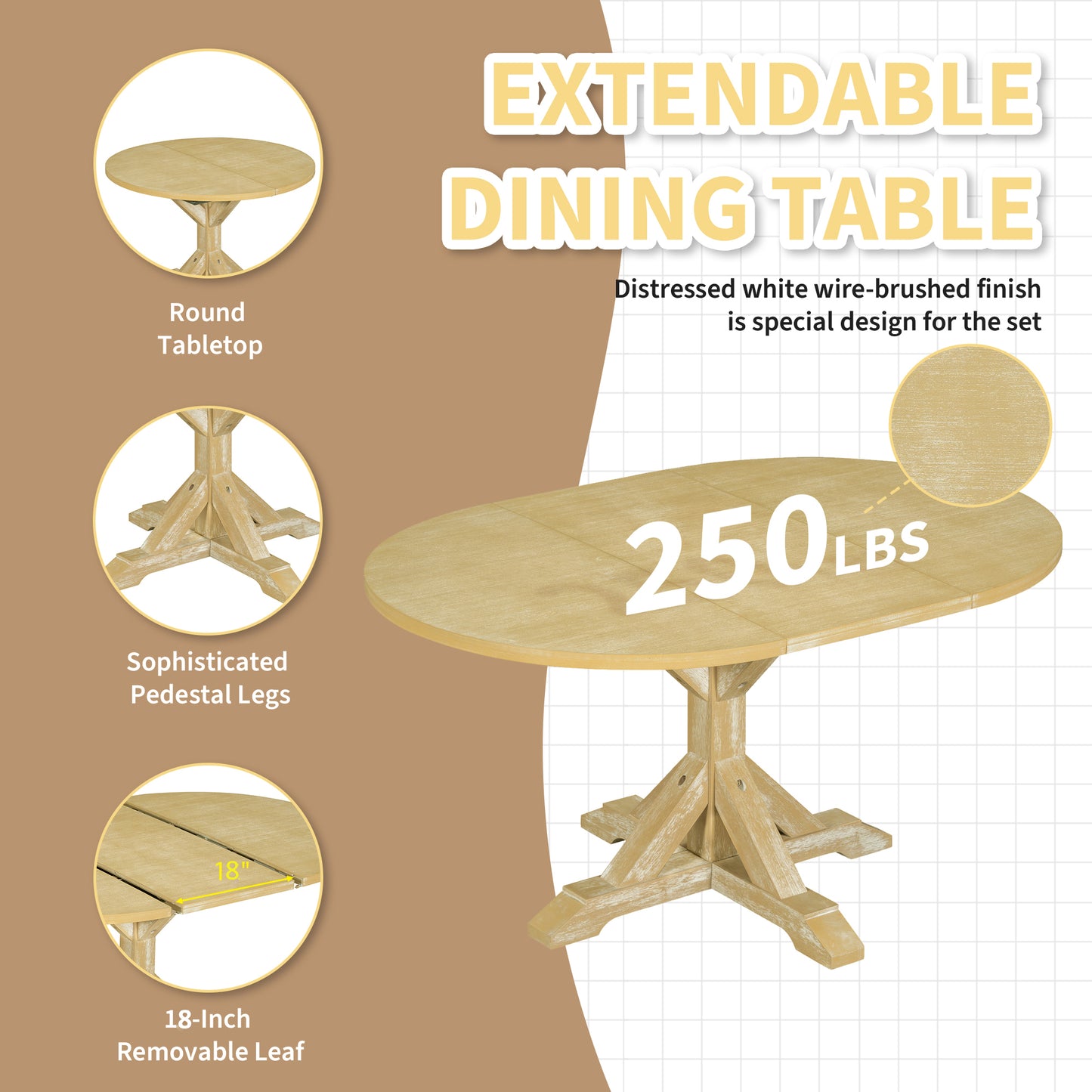 TOPMAX Farmhouse 6-Piece 60inch Extendable Pedestal Dining Table Set With 18inch Removable Leaf, 44inch Bench And 4 Ladder Back Dining Chairs, Natural Beige OLD