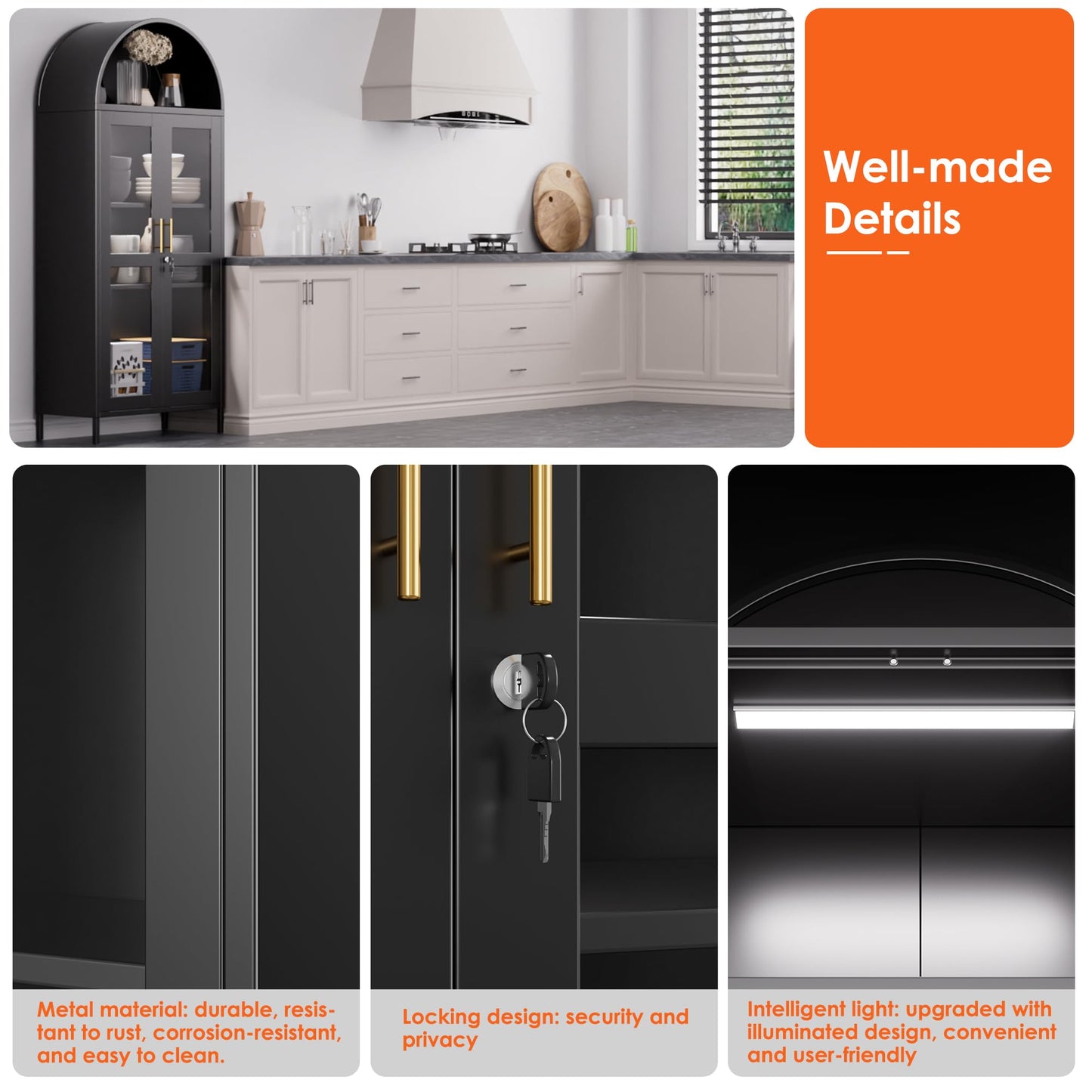Metal Arched Bookcase Cabinet With 3 LED Strips,Lockable Arched Display Cabinet With Glass Doors For Living Room, Home,Office, Assembly Required Black