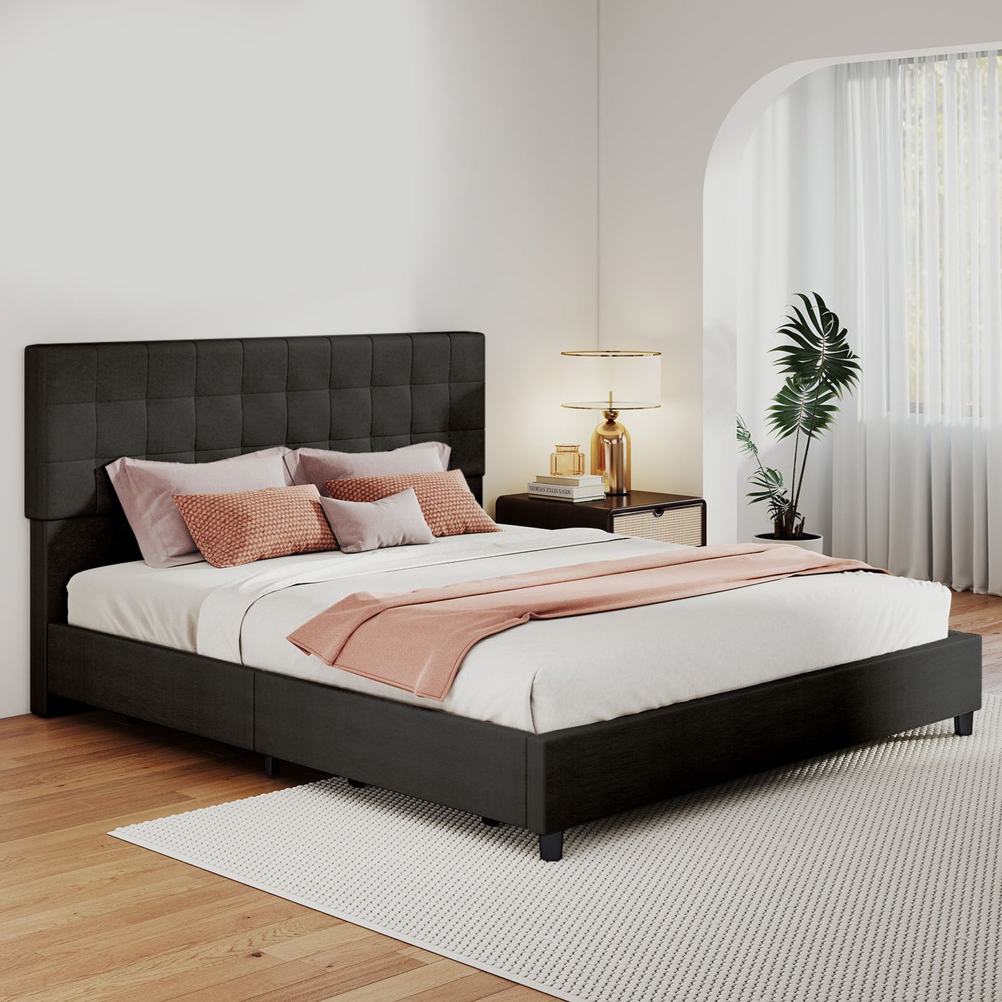 King Size Bed Frame Upholstered Vertical Channel Headboard Bed Frame With 4 Storage Drawers Wood Slats No Box Spring Needed Easy Assembly For Bedroom