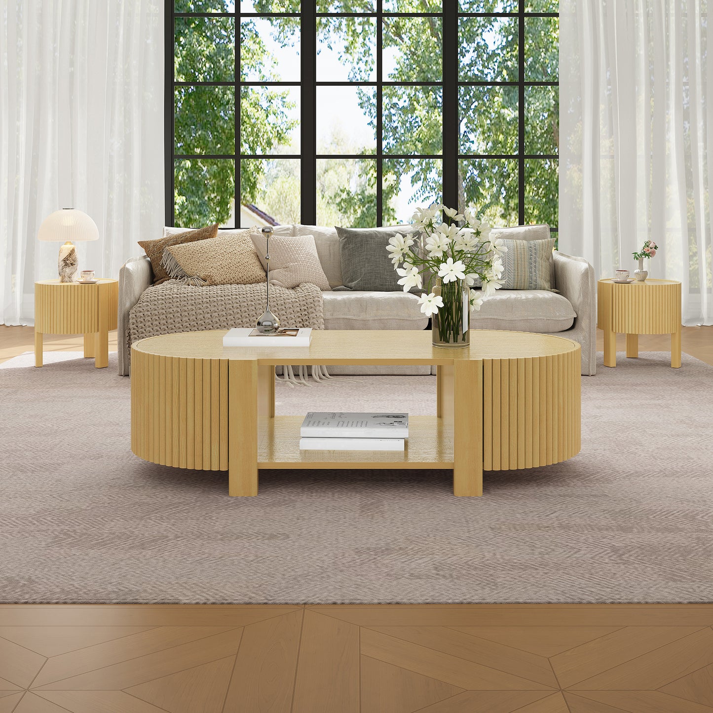 Oval Fluted Coffee Table With Storage For Living Room, Rubber Solid Wood, 1 Shelf & 2 Open Storage Doors, Natural, 47