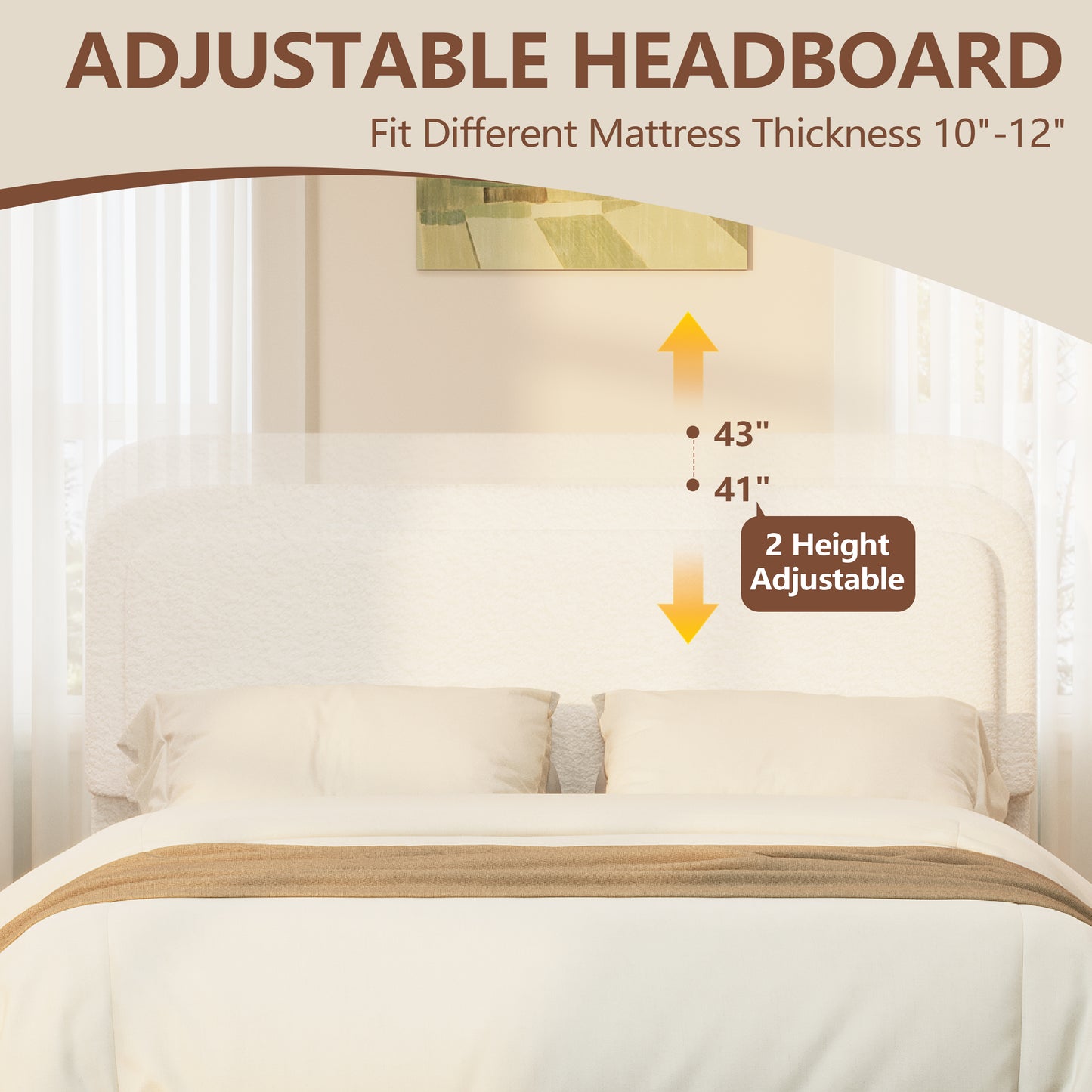 Boucle Full Bed Frame With Adjustable Height Headboard, Modern Platform Bed With Curved Cloud Headboard, Elegant Boucle Fabric Low Profile Platform Bed, No Box Spring Needed, Easy Assembly, White