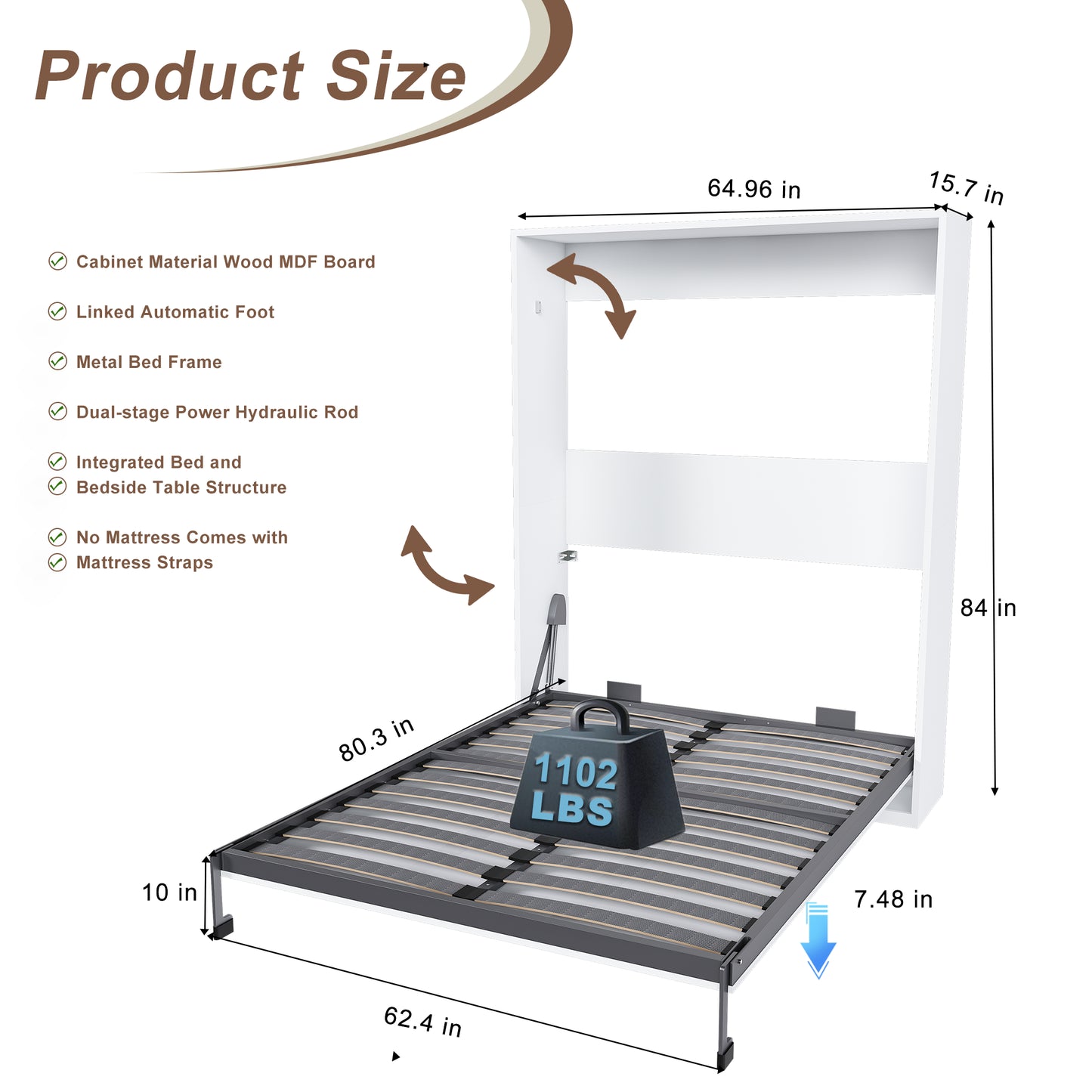 Queen Murphy Bed  65-inch Foldable Wall Bed  With Metal Bed Frame  Solid Wood Support Slats  Concealed Bed Frame  Suitable For Bedrooms And Guest Rooms  White  Old