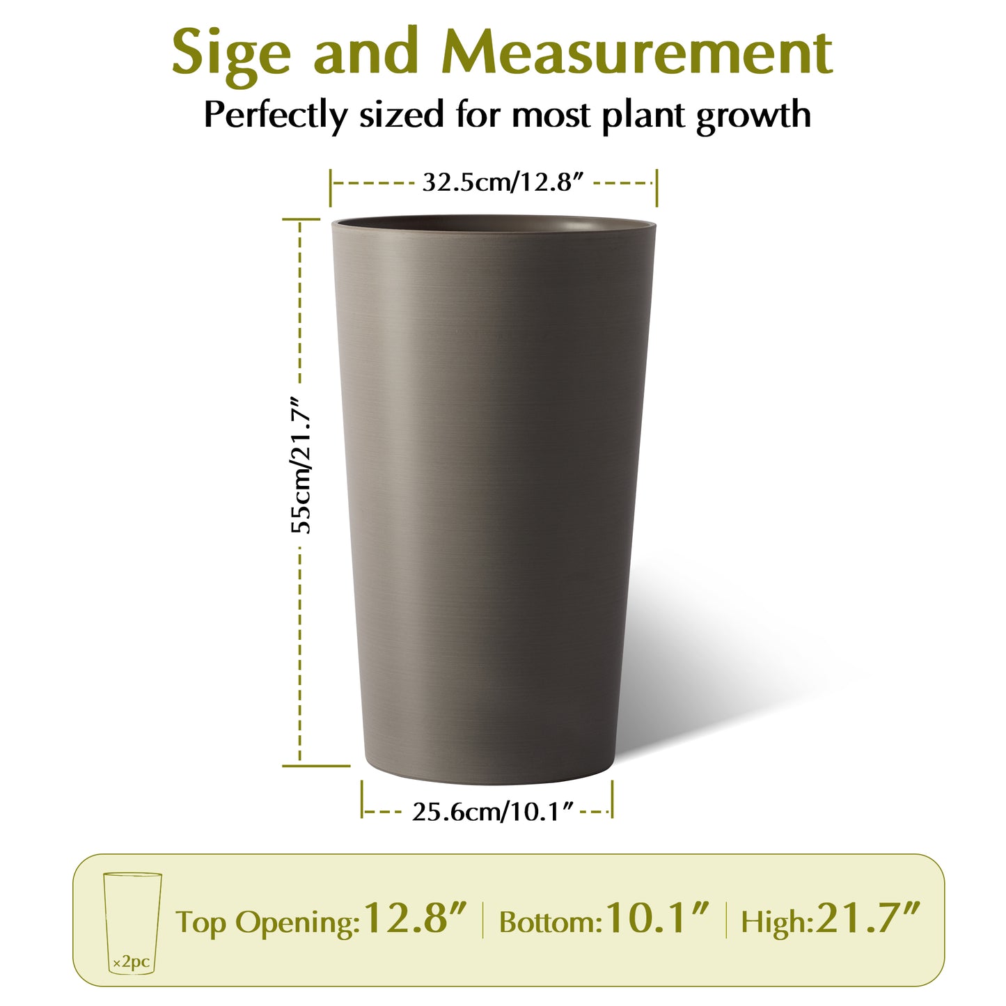 2 Pack Tall 21.7 In Planters For Outdoor Plants Modern Tall Square Planter Box Indoor Outdoor Porch Patio Flower Pot Modern Big Tapered Matte Tree Flower Pot For Garden,  Brown