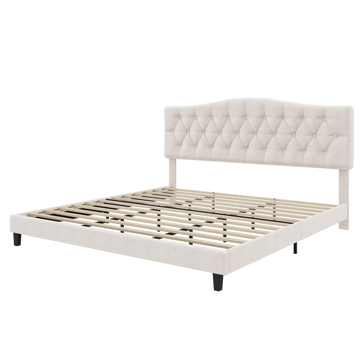 Upholstered Platform Bed With Saddle Curved Adjustable Headboard And Diamond Tufted Details,Wooden Slats And Metal Support, No Box Spring Needed,King, Beige
