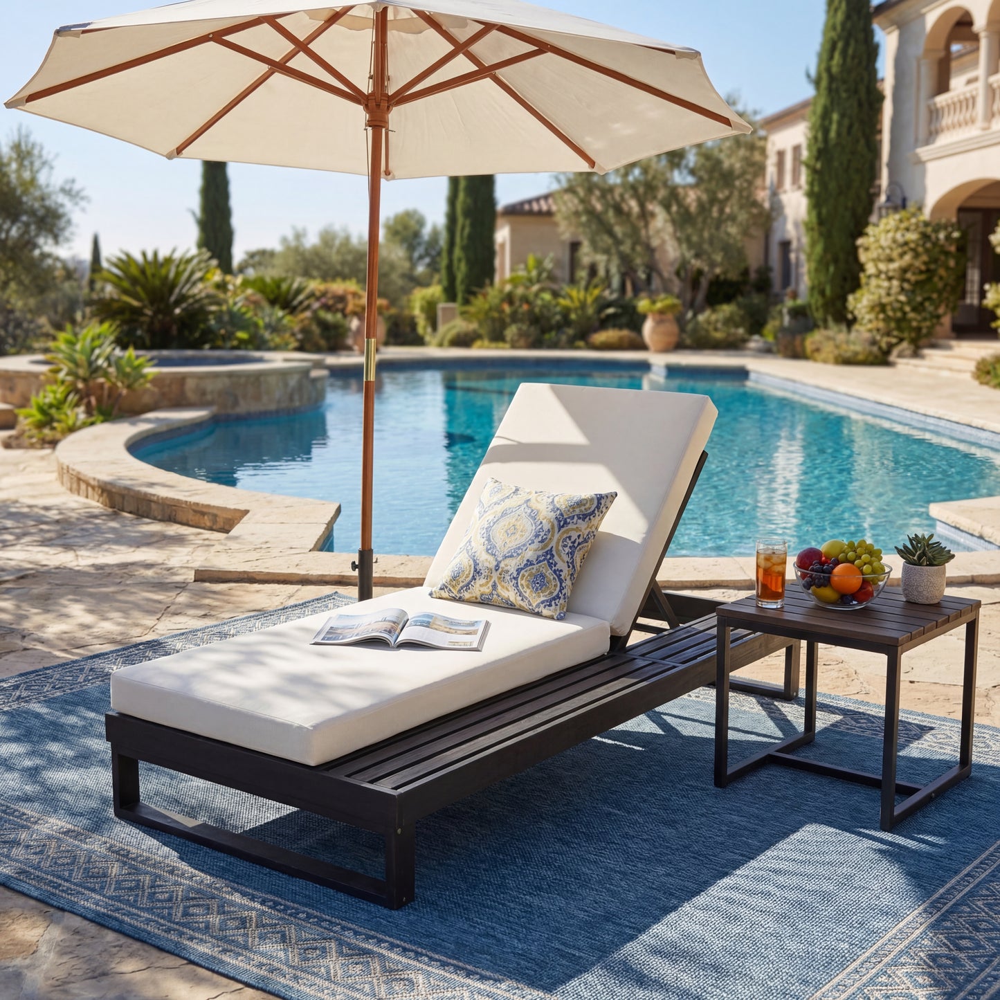 Black Acacia Wood Chaise Lounge With 4-Inch Cream 2-FoldCushion Set, 4-Position Adjustable Outdoor Patio Lounger With Flat Side Surface, For Poolside- Matching Dark  Grey Version Available