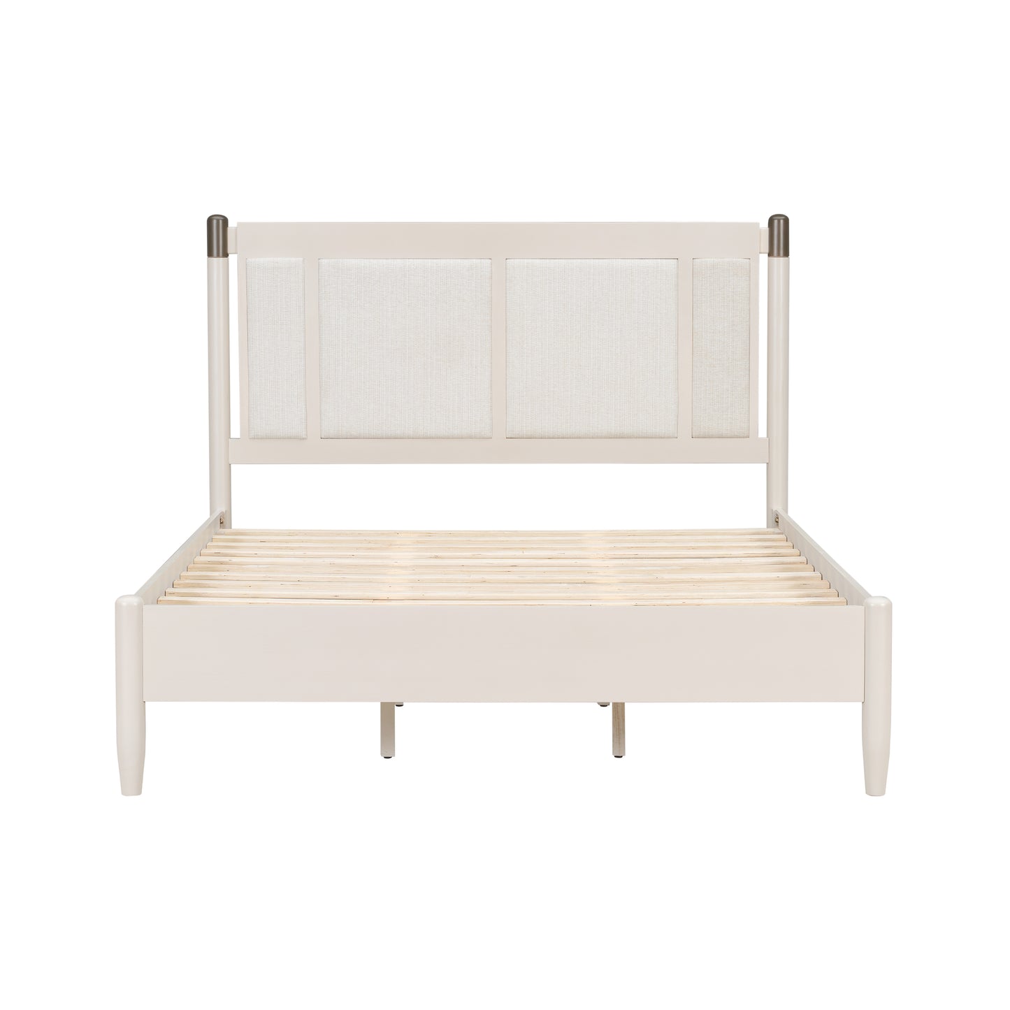Solid Wood Queen Bed, Heavy Duty 500 Lbs Support, No Box Spring Needed, Grey Upholstered Headboard With Metal Handles