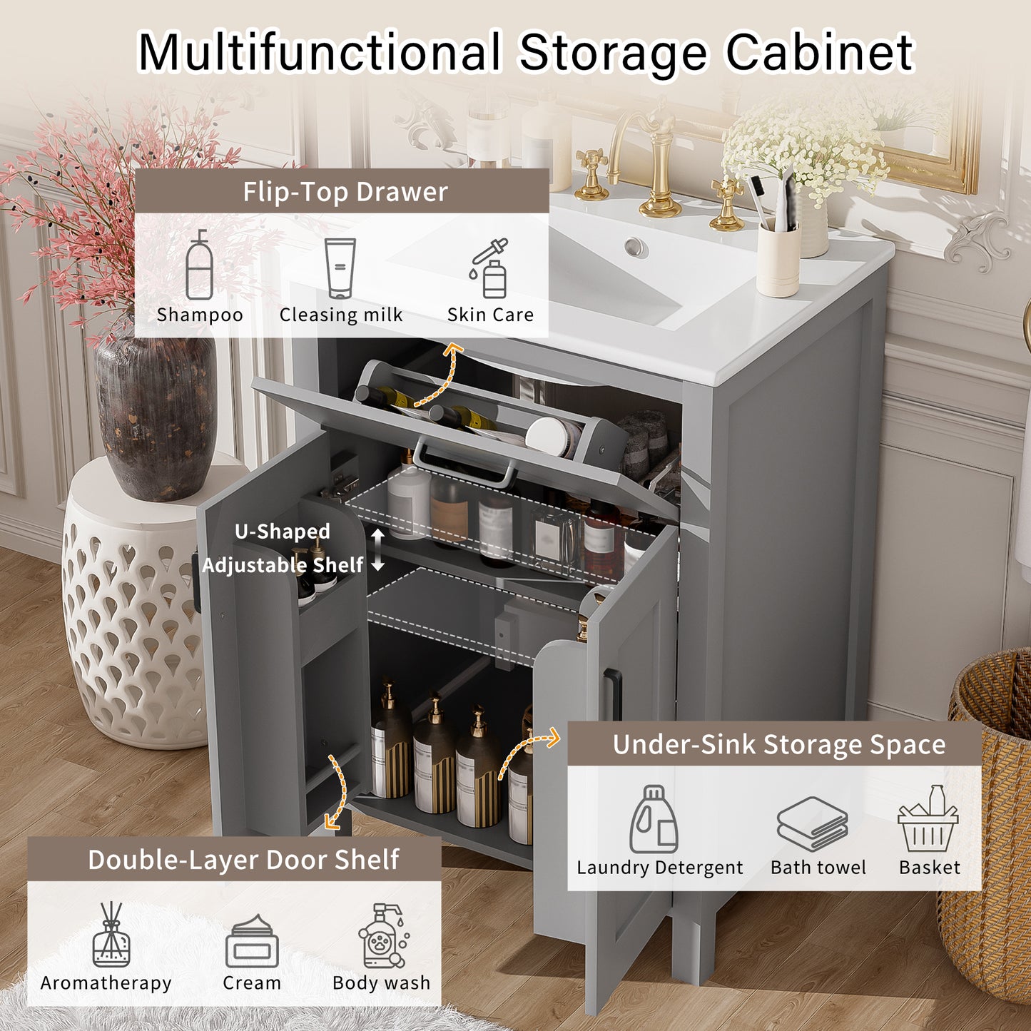 24 Bathroom Vanity Combo With Ceramic Sink, Luxurious Space-Saving Vanity - W24 XD18 XH34 Inch, 2 Soft Close Doors