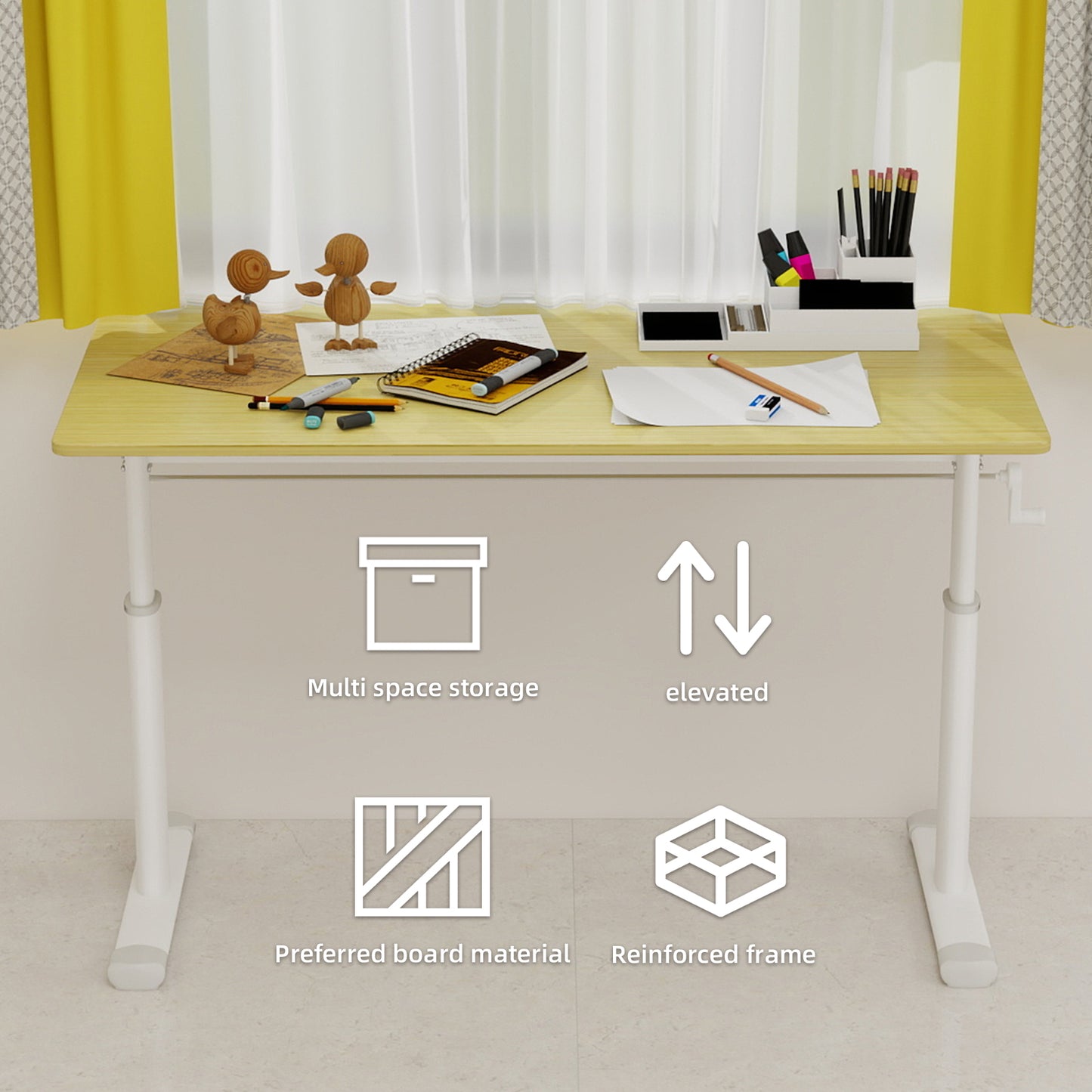 Adjustable Study Desk Suitable For Children And Adults, Height Adjustable, Multifunctional Home Office Desk, Compact Design, Desktop Dimensions  60cm X 120cm, White Frame, Natural Wood Colored Tableto