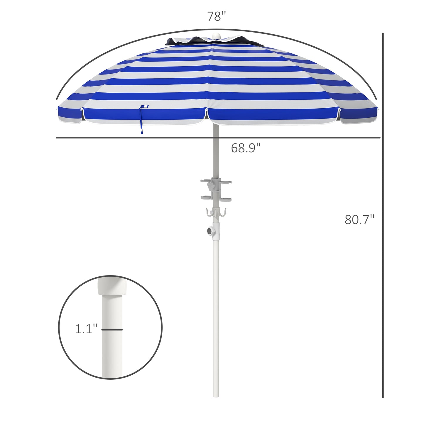 5.7' Beach Umbrella For Travel With Tilt, Adjustable Height, 2 Cup Holders, Hooks, Vent, Ruffles, Blue Stripe