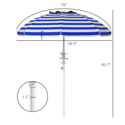 5.7' Beach Umbrella For Travel With Tilt, Adjustable Height, 2 Cup Holders, Hooks, Vent, Ruffles, Blue Stripe