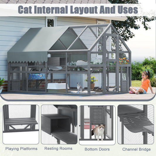 Cat, Large  Outdoor Cat Enclosure For Multiple Cats With 7Platforms, 2 Resting Box And 2 Bridges, Wooden Feral Cats Shelter With Waterproof And UV Proof Canopy, 110.24x 74.02 X 74.02 Inch