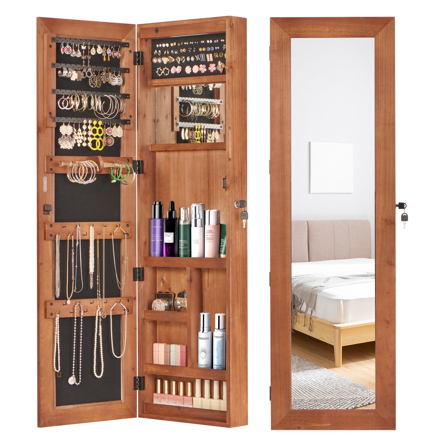 Solid Wood Jewelry Armoire Organizer Cabinet With Full-Length Mirror, 47.5x14.3 In Wall-Mounted Lockable With LED Light
