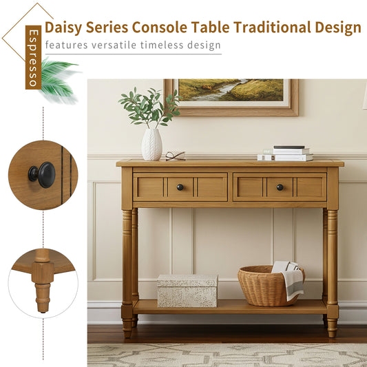 TREXM Daisy Series Console Table Traditional Design With Two Drawers And Bottom Shelf Natural