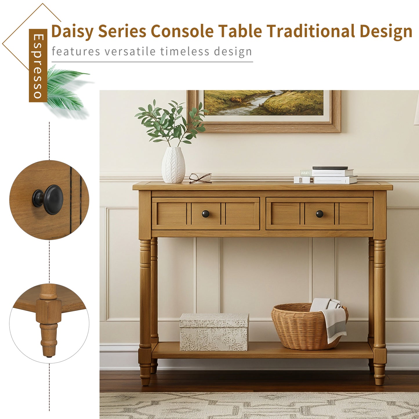 TREXM Daisy Series Console Table Traditional Design With Two Drawers And Bottom Shelf  Natural