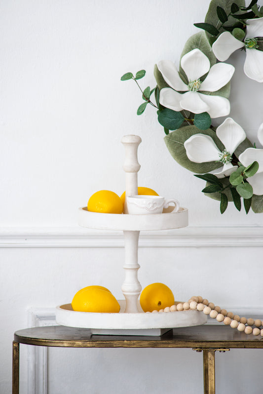 D11.8x15.4  Two- Tiered Round Wooden Tray  White