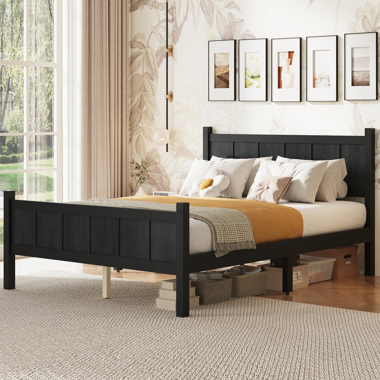 Full Size Flat Panel Bed With Headboard & Footboard, Minimalist Modern Platform Bed With Wood Grain Finish, Shaker And Farmhouse Style Design, Sleek And Functional Bedroom Furniture,Black