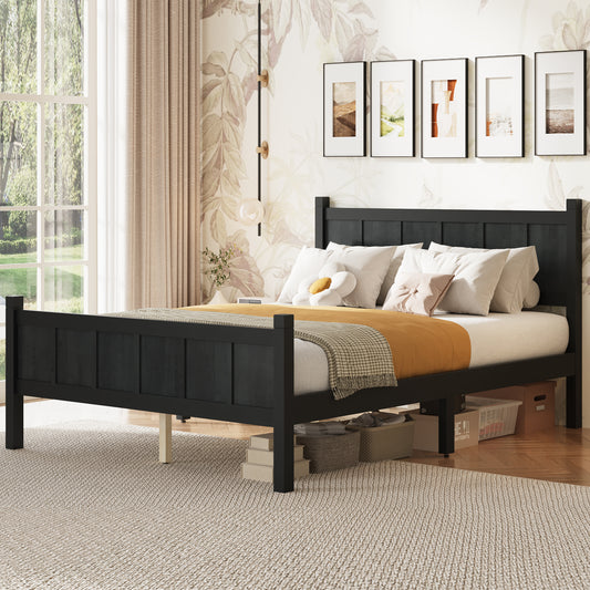 Full Size Flat Panel Bed With Headboard & Footboard, Minimalist Modern Platform Bed With Wood Grain Finish, Shaker And Farmhouse Style Design, Sleek And Functional Bedroom Furniture,Black