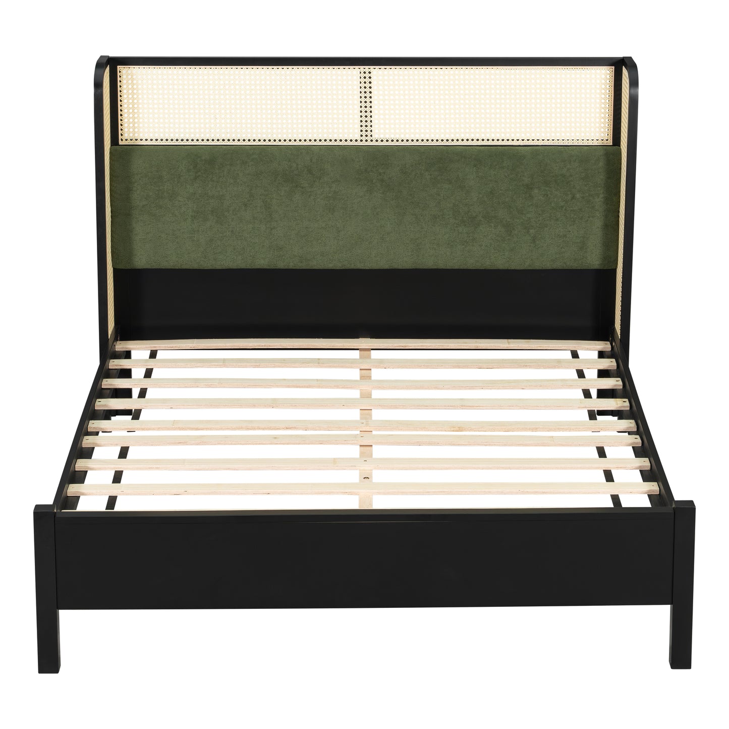 Queen Size Bed Frame With Green Headboard, Black With Green Solid Wood  Bed, No Box Spring Required, Modern Bedroom Furniture