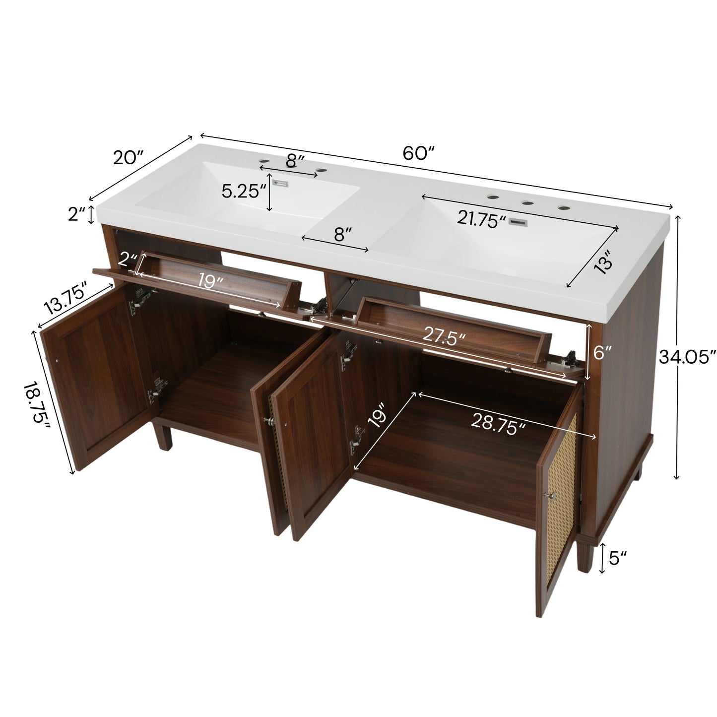 60 Inch Bathroom Vanity With Double Sink   SMC Sink  , Large Storage Space With 2 Tip-Out Trays   Flip-Out Drawers And 4 Soft Closing Doors, Solid Wood Legs And Silver Metal Knobs, Brown