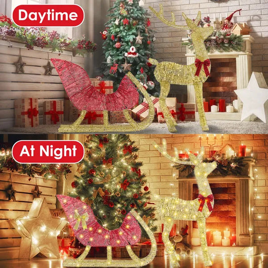 Lighted Christmas Reindeer & Sleigh Indoor Outdoor Christmas Decoration Christmas Lighted Display With 8 Lighting Modes