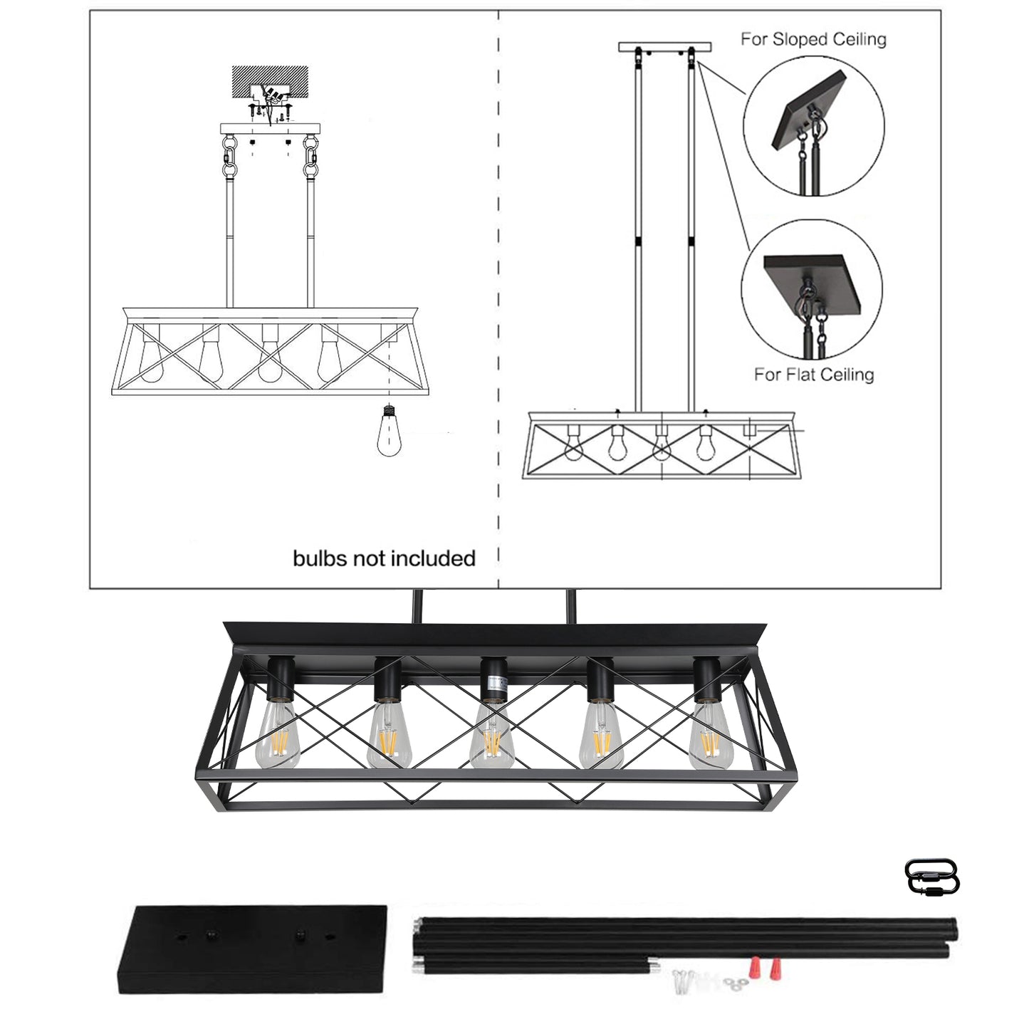 32-inch Black Industrial 5-Light Pendant Chandelier, Modern Metal Cage Design, Adjustable Hanging Light For Dining Room, Kitchen, Living Room  Bulb Not Included