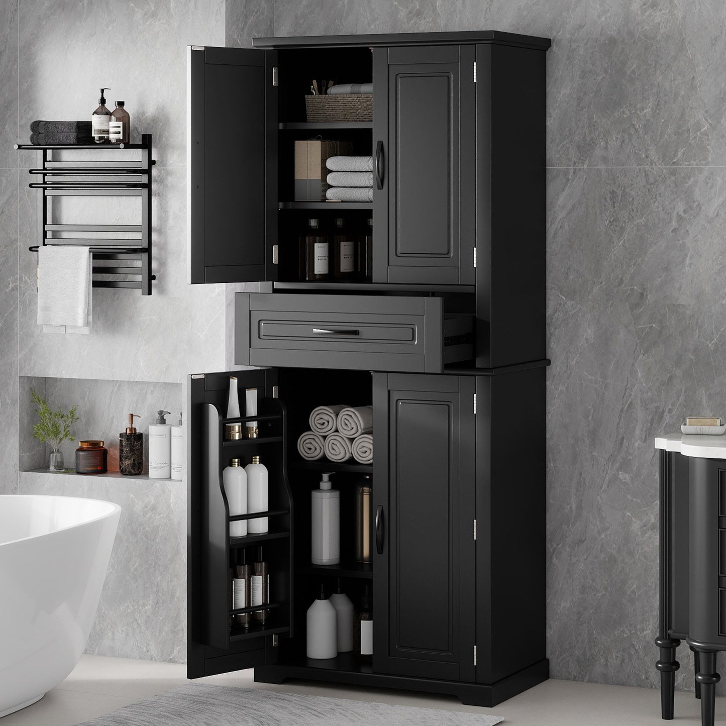 Video Bathroom Storage Cabinet With Multi-Functional Storage Space, Drawer With Slide Rails, Adjustable Shelf, Black