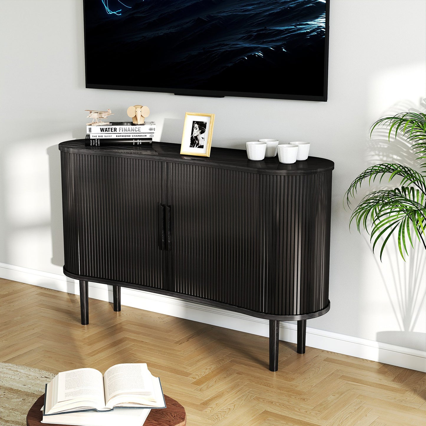 55in Storage Sideboard Modern Fluted Buffet Cabinet With Sliding Door And Solid Wood Legs For Kitchen Living Room Bedroom