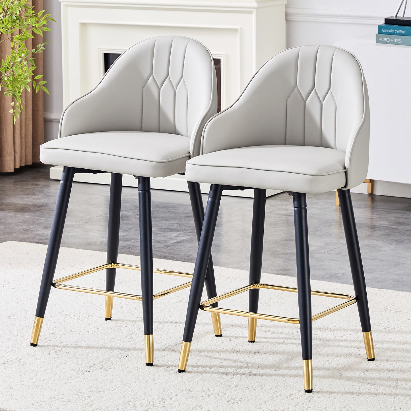 Set Of 2  Light Gray PU Leather Bar Stools 37.7 High, 25 Seat Height, Gold Accent Footrest, Ideal For Kitchen Island, Home Bar & Dining Area, Available In Black, White & Dark Gray Splicing Colors.