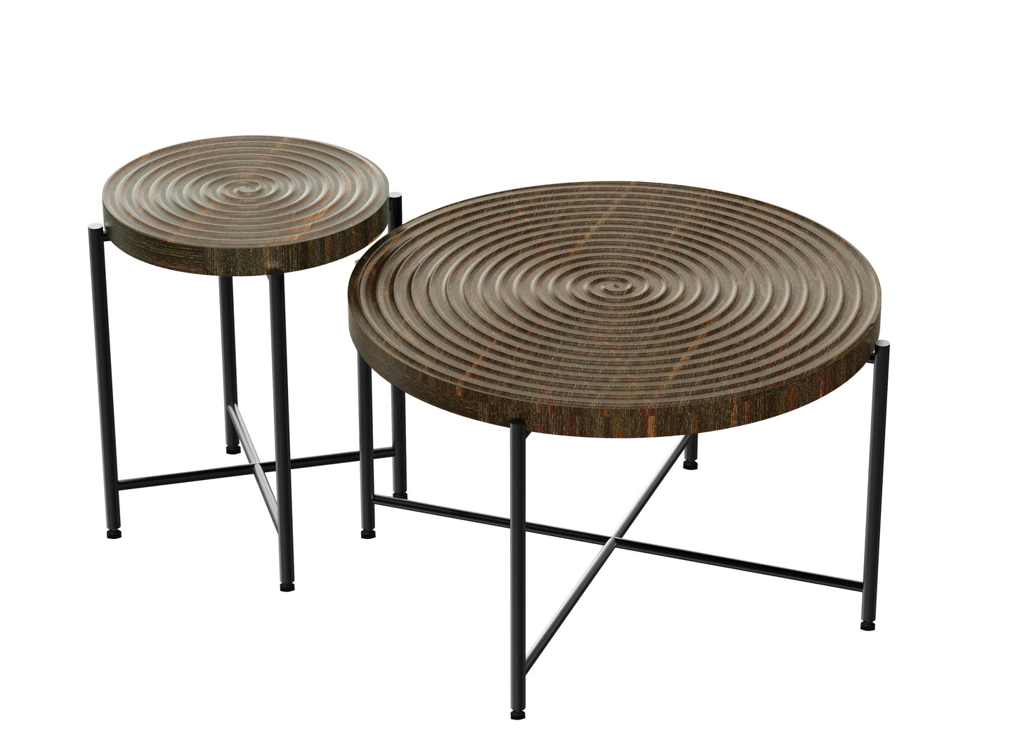 2-Piece Coffee And End Table Set -Waterproof MDF With PVC Cover, Distressed Cylindrical Design, Black Metal Legs -Classic Rustic Charm, Dark Walnut