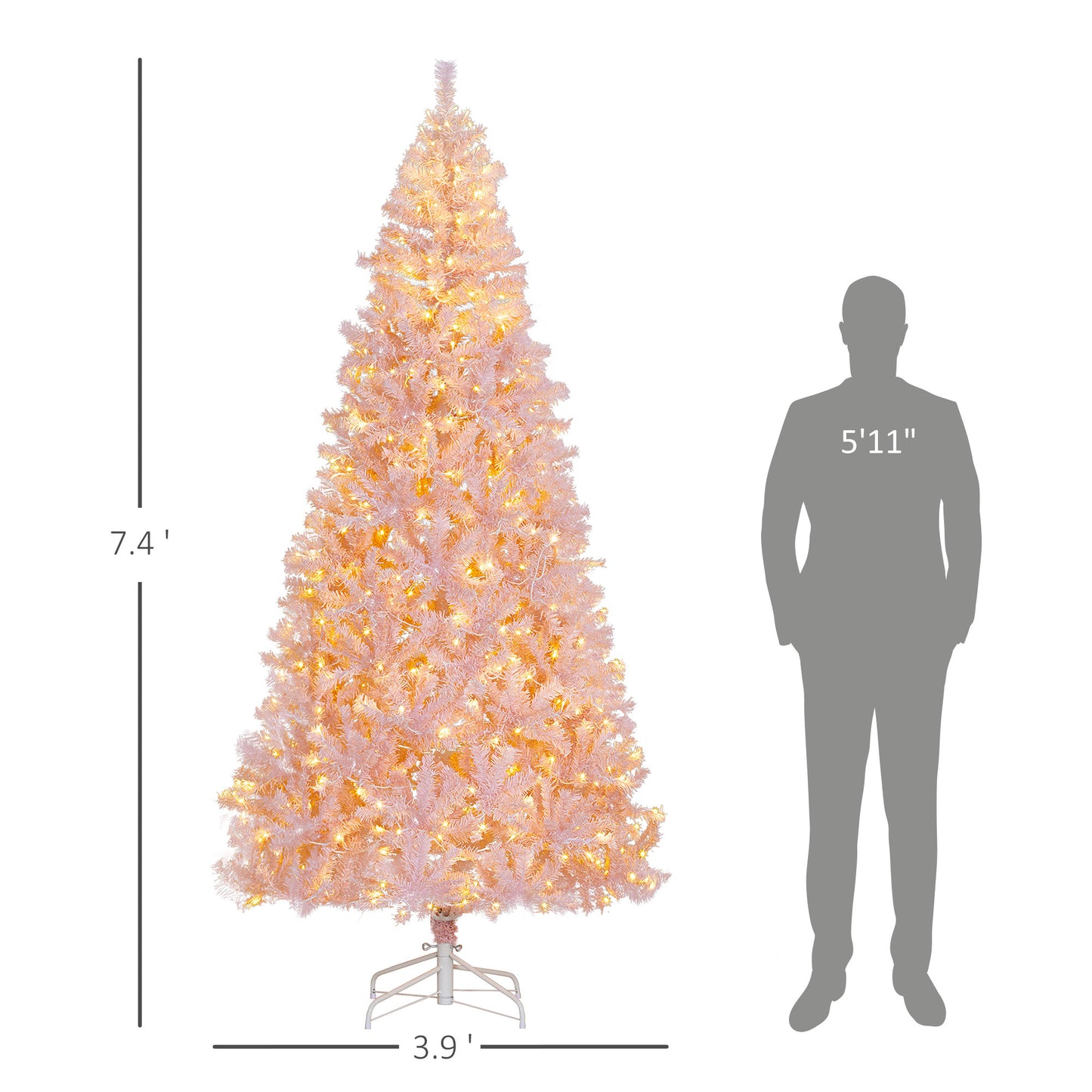 7.5 FT Tall PreLit Artificial Christmas Tree With Realistic Branches, 500 Warm White LED Lights And 1346 Tips, Pink