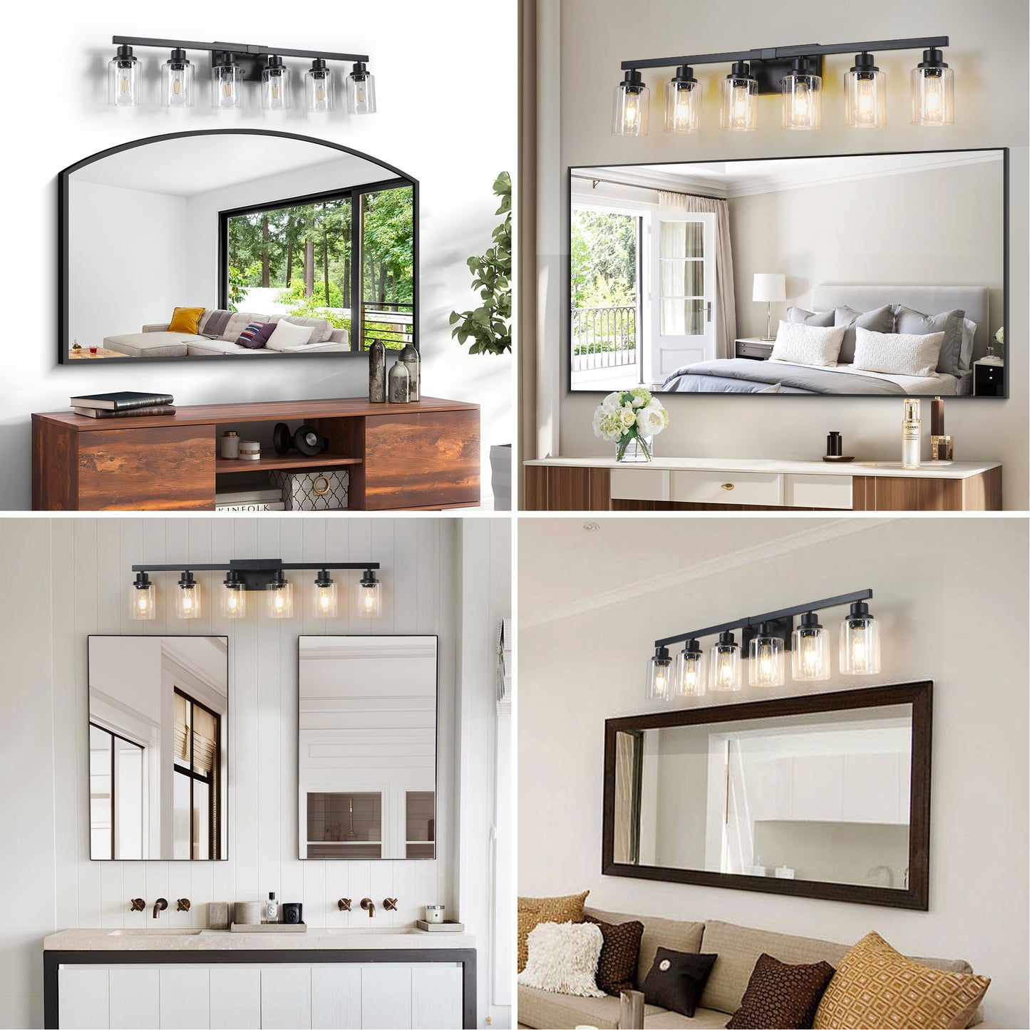 37  Modern 6-Light Bathroom Vanity Light Fixture - Black Finish With Clear Glass Shades, Perfect For Bathroom, Vanity, And Dressing Area Lighting  No Bulbs