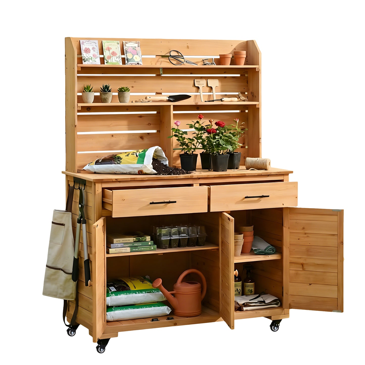 Assembly Video- TOPMAx 65 H Large Garden Potting Bench With Lockable Wheel And Storage Cabinet  Wood Outdoor Kitchen Island Prep Cart With Hutch Top  Drawers And Removal Shelves For Grilling  Natural