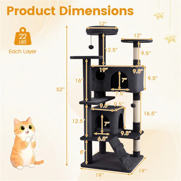 52" Tall Cat Tree Tower With Perches & Condos, Multi-Cat Playground With Scratching Posts (Dark Gray)