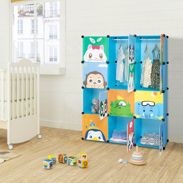 4-layer 12-compartment 2-hanging-bar Modular Wardrobe With Plastic And Steel Wire Materials Featuring Animal Patterns. The Door Has A Floral Design And The Cabinet Body Is Blue.