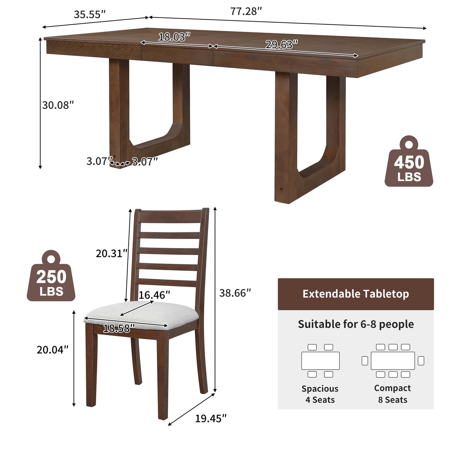 7-Piece Extendable Dining Table Set, Farmhouse Extendable Table With 18  Move Leaf, 78  Rustic Wooden Kitchen Table And 6 Piece Upholstered Chairs, Expanding Dining Room Table Set, Walnut  Beige