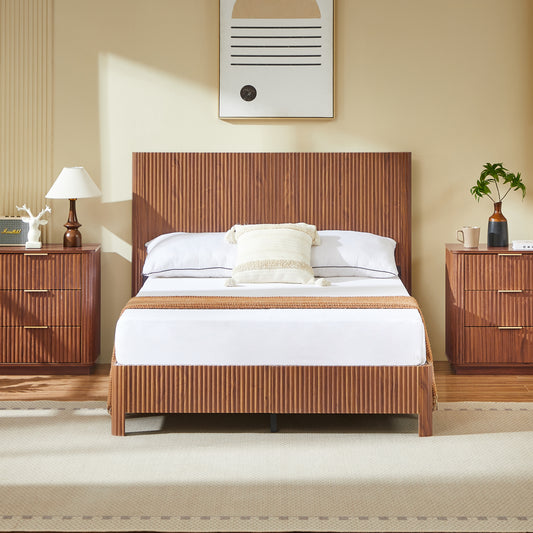 Full Size Wooden Corrugated Curved Lines,No Box Spring Needed, Walnut.